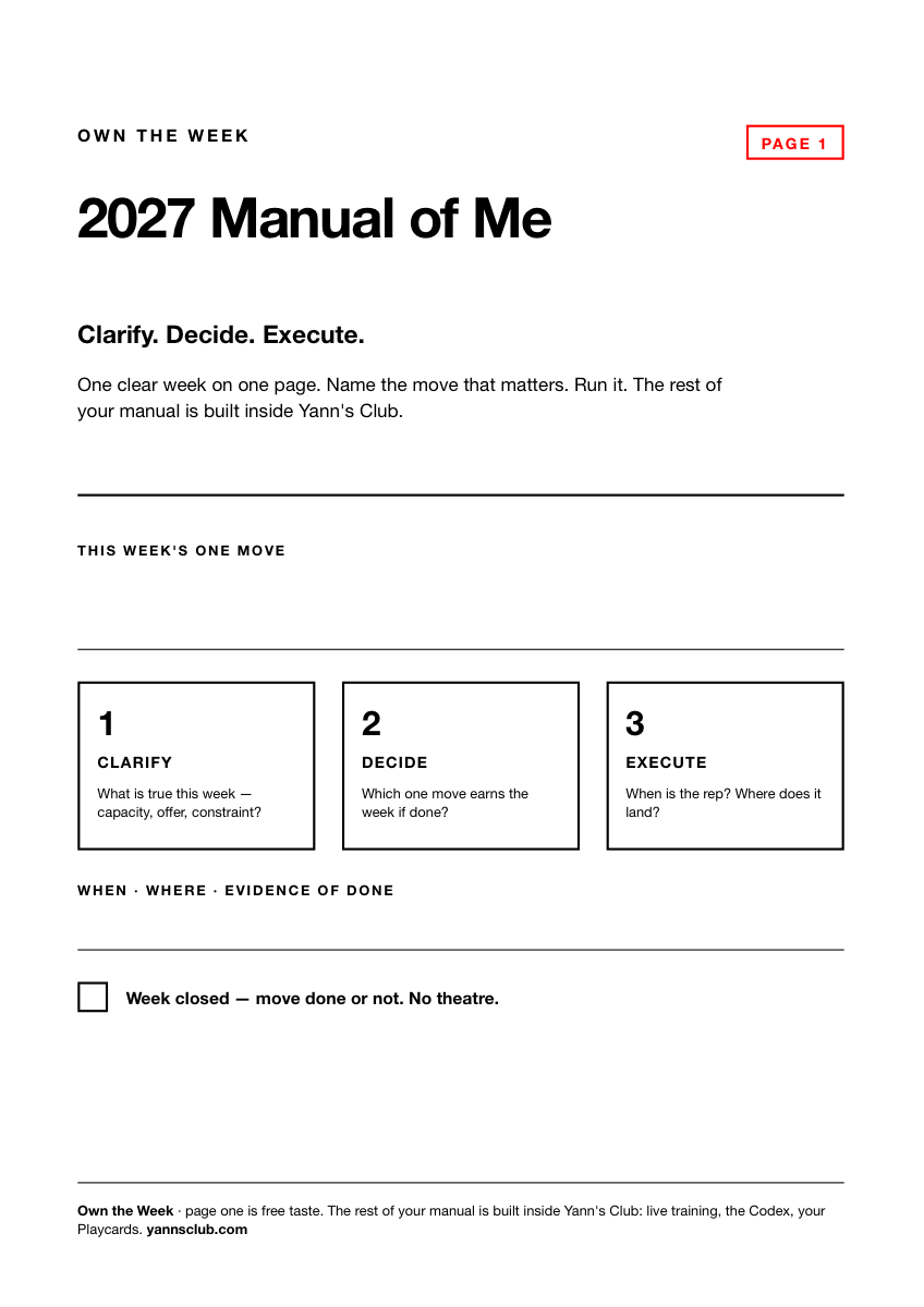 2027 Manual of Me page one — Own the Week field card